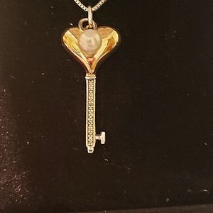 Two Tone (Silver And Gold) Heart Key W Pearl , And Diamonds Chain Is Silver)